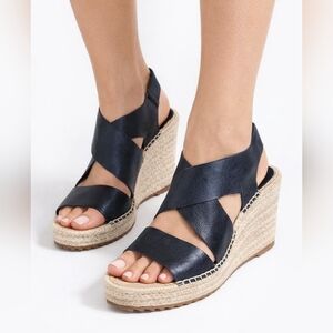 Eileen Fisher Willow Black Leather Espadrille Wedges